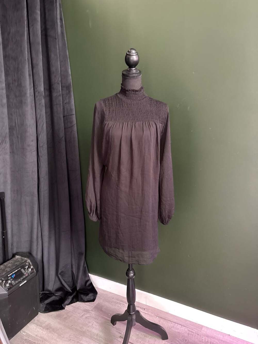 H&M Black Smocked High-Neck Long Sleeve Mini Dress Size 2